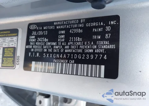 2013 Kia Optima Ex из США, поврежденный, VIN 5XXGN4A71DG239774